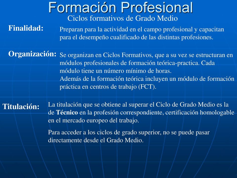 Además de la formación teórica incluyen un módulo de formación práctica en centros de trabajo (FCT).