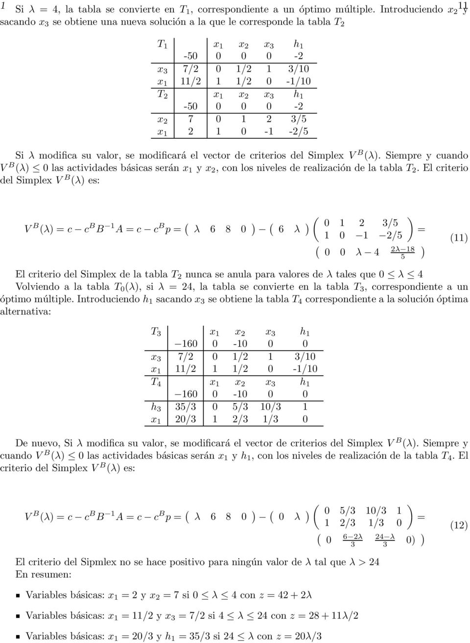 0-2 x 2 7 0 1 2 3/5 x 1 2 1 0-1 -2/5 Si λ modifica su valor, se modificará el vector de criterios del Simplex V B (λ).