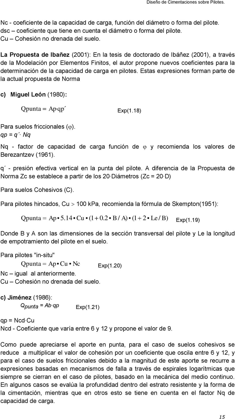 de carga en pilotes. Estas expresiones forman parte de la actual propuesta de Norma c) Miguel León (1980): Qpunta Ap qp Exp(1.18) Para suelos friccionales ( ).