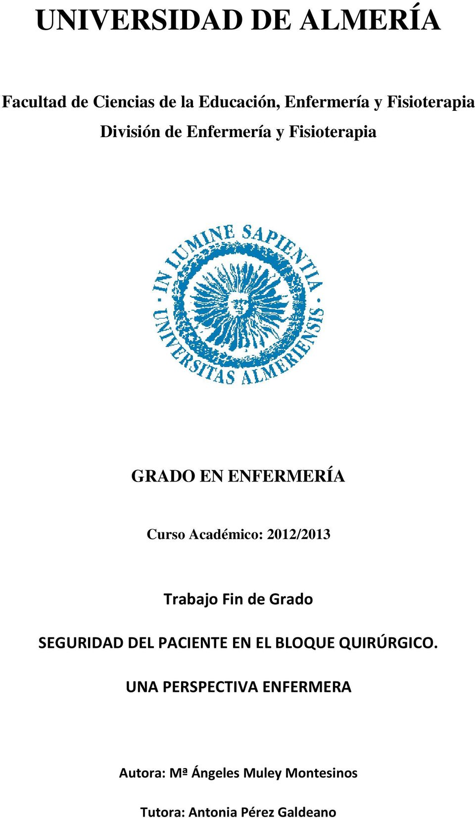 Académico: 2012/2013 Trabajo Fin de Grado SEGURIDAD DEL PACIENTE EN EL