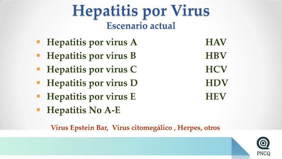 virus D Hepatitis por virus E Hepatitis No A-E HAV HBV HCV
