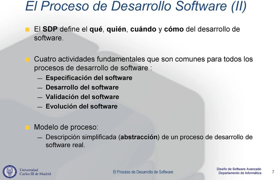 Especificación del software Desarrollo del software Validación del software Evolución del software Modelo de
