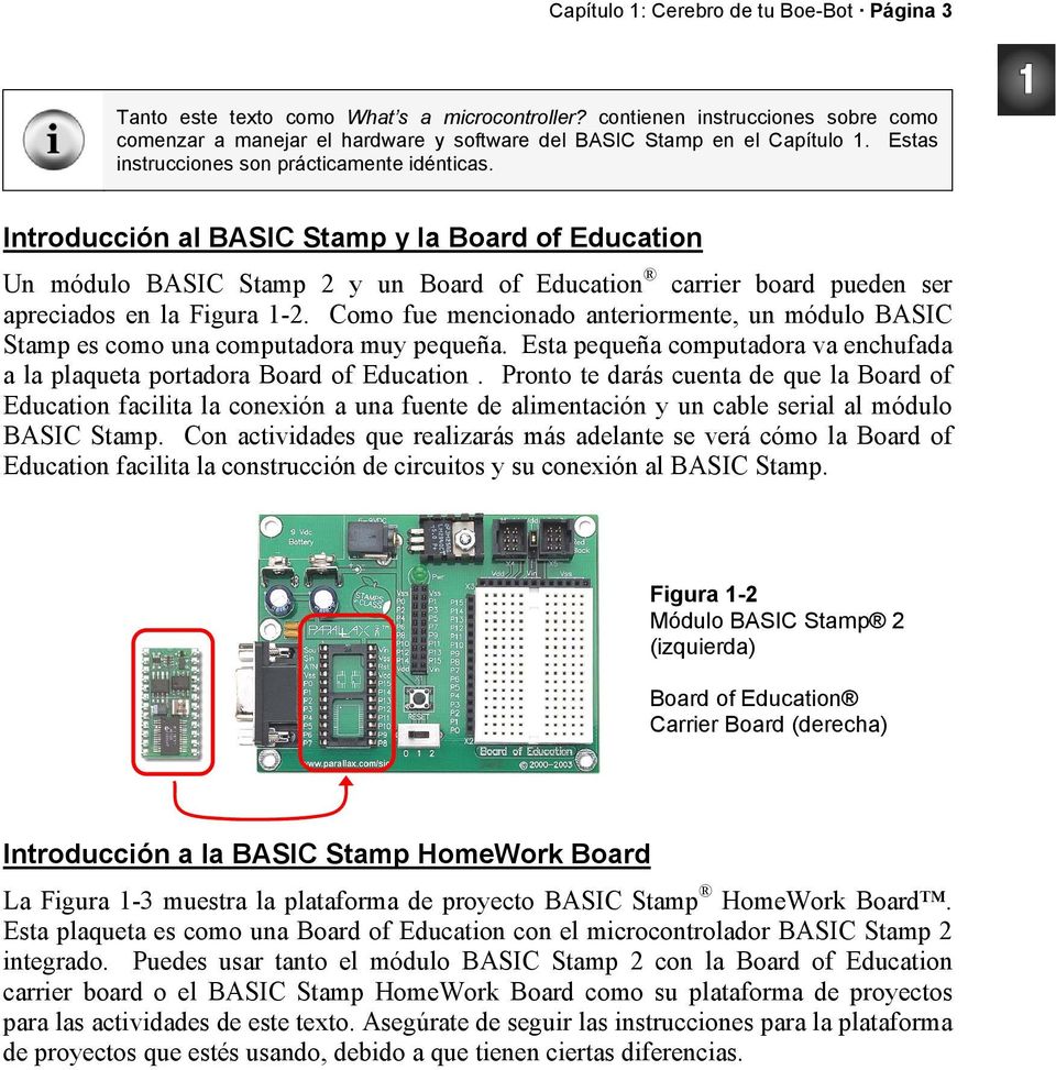 Introducción al BASIC Stamp y la Board of Education Un módulo BASIC Stamp 2 y un Board of Education carrier board pueden ser apreciados en la Figura 1-2.