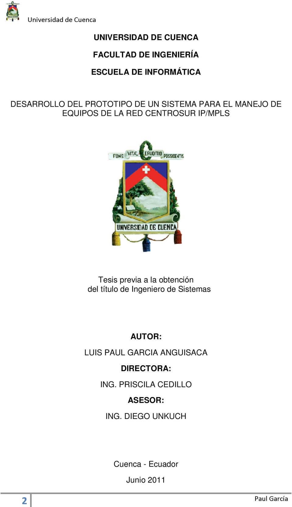 previa a la obtención del título de Ingeniero de Sistemas AUTOR: LUIS PAUL GARCIA