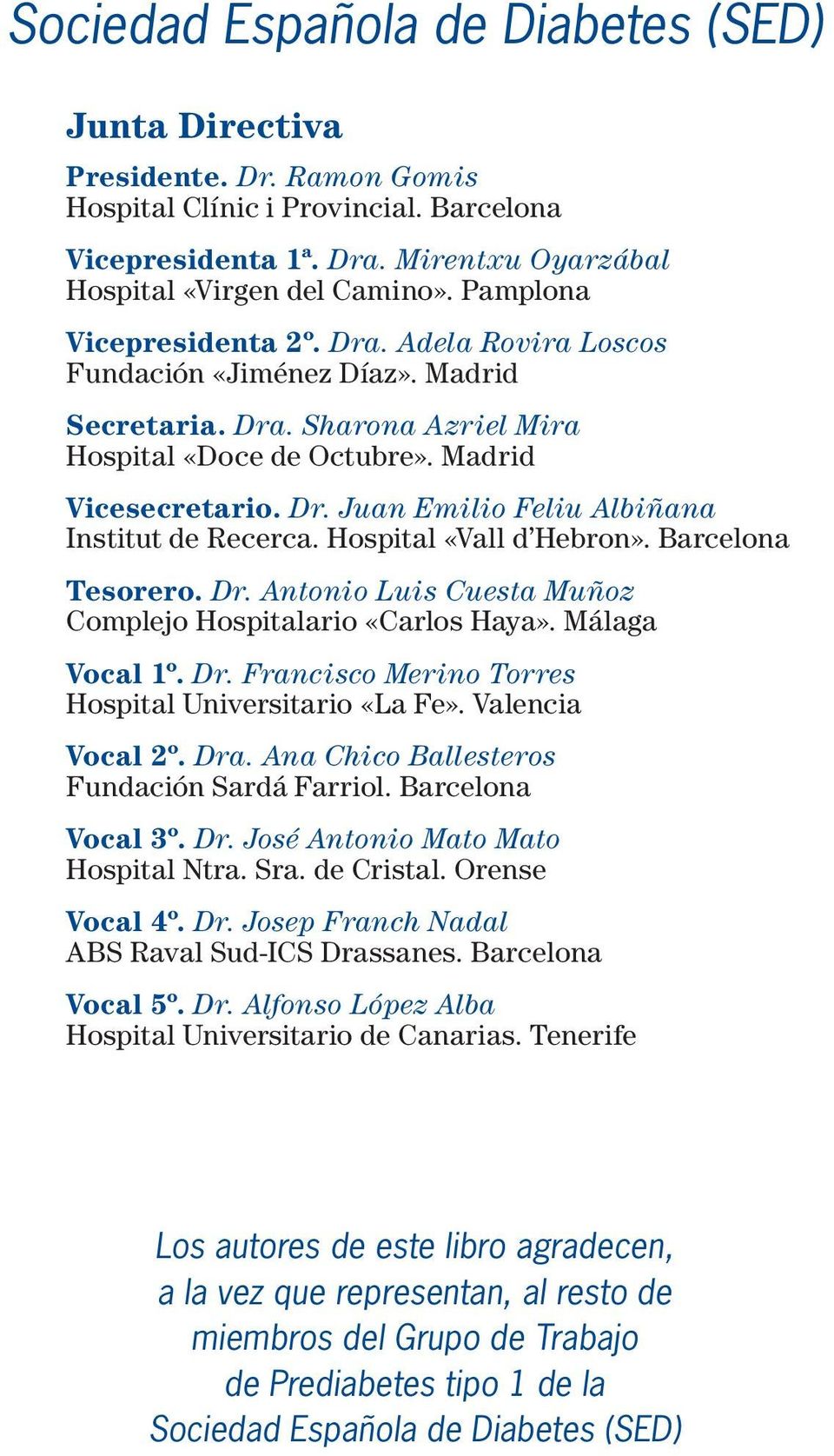 Hospital «Vall d Hebron». Barcelona Tesorero. Dr. Antonio Luis Cuesta Muñoz Complejo Hospitalario «Carlos Haya». Málaga Vocal 1º. Dr. Francisco Merino Torres Hospital Universitario «La Fe».