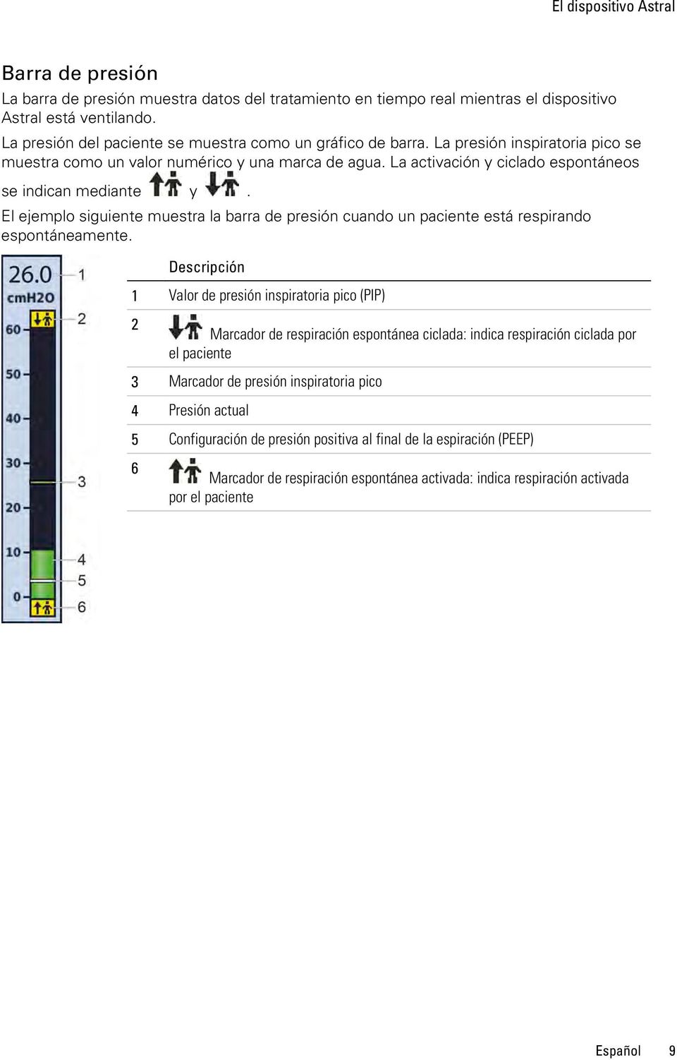 La activación y ciclado espontáneos se indican mediante y. El ejemplo siguiente muestra la barra de presión cuando un paciente está respirando espontáneamente.