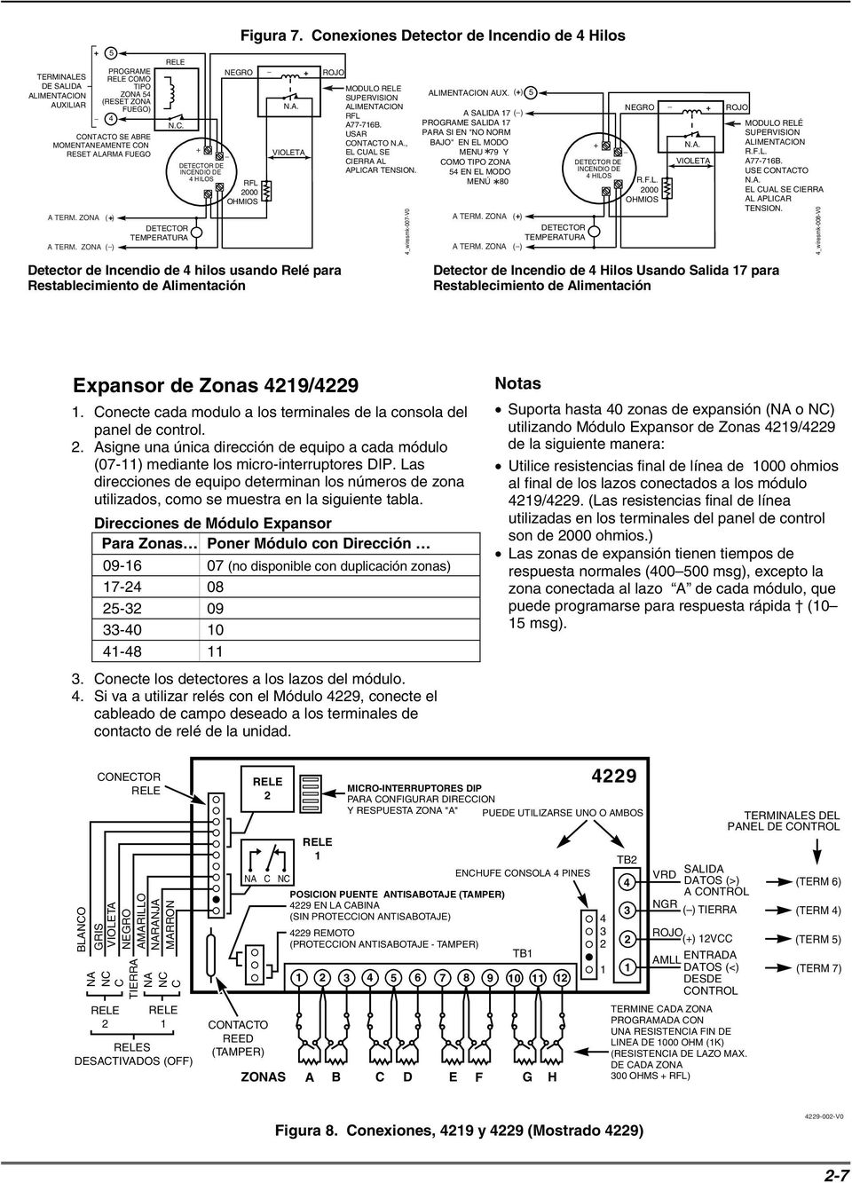 Conexiones Detector de Incendio de 4 Hilos _ N.A. VIOLETA + ROJO MODULO RELE ALIMENTACION AUX. ( + ) 5 SUPERVISION ALIMENTACION RFL A SALIDA 17 ( ) A77-716B.