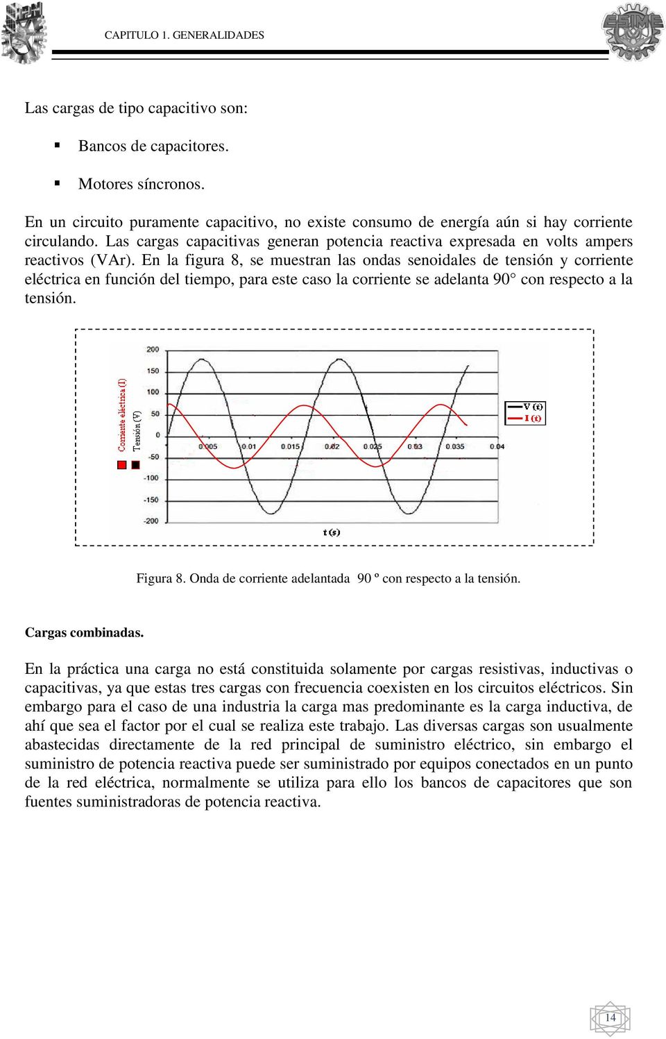 En la figura 8, se muestran las ondas senoidales de tensión y corriente eléctrica en función del tiempo, para este caso la corriente se adelanta 90 con respecto a la tensión. Figura 8.