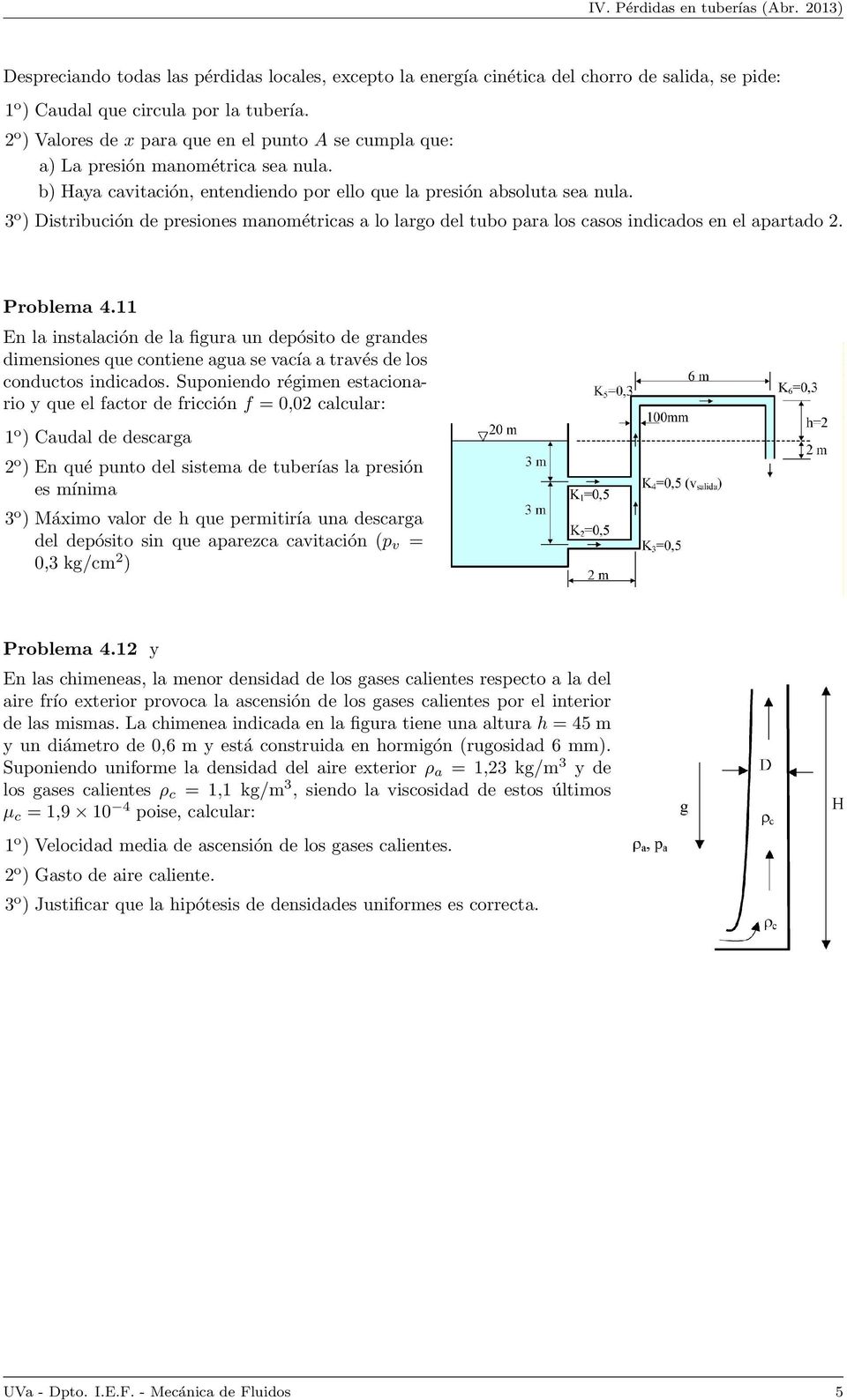 3 o ) Distribución de presiones manométricas a lo largo del tubo para los casos indicados en el apartado 2. Problema 4.