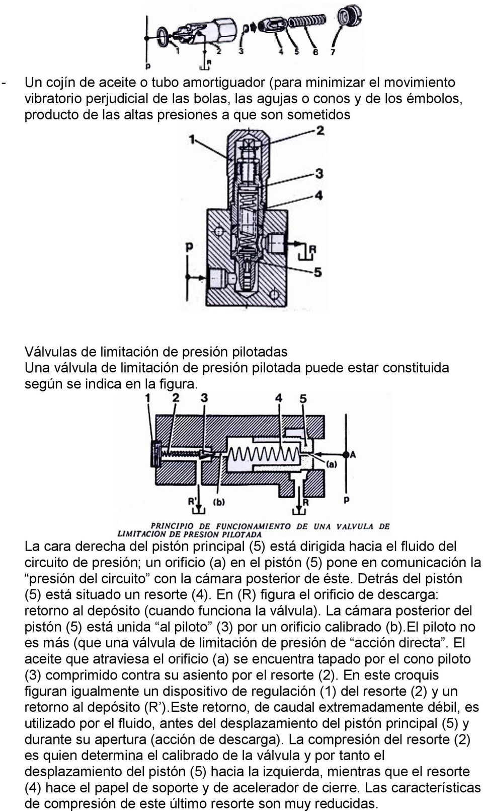 La cara derecha del pistón principal (5) está dirigida hacia el fluido del circuito de presión; un orificio (a) en el pistón (5) pone en comunicación la presión del circuito con la cámara posterior