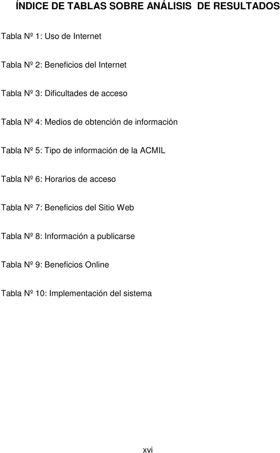 Tipo de información de la ACMIL Tabla Nº 6: Horarios de acceso Tabla Nº 7: Beneficios del Sitio Web