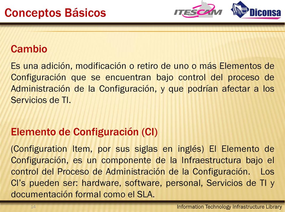 Elemento de Configuración (CI) (Configuration Item, por sus siglas en inglés) El Elemento de Configuración, es un componente de la Infraestructura