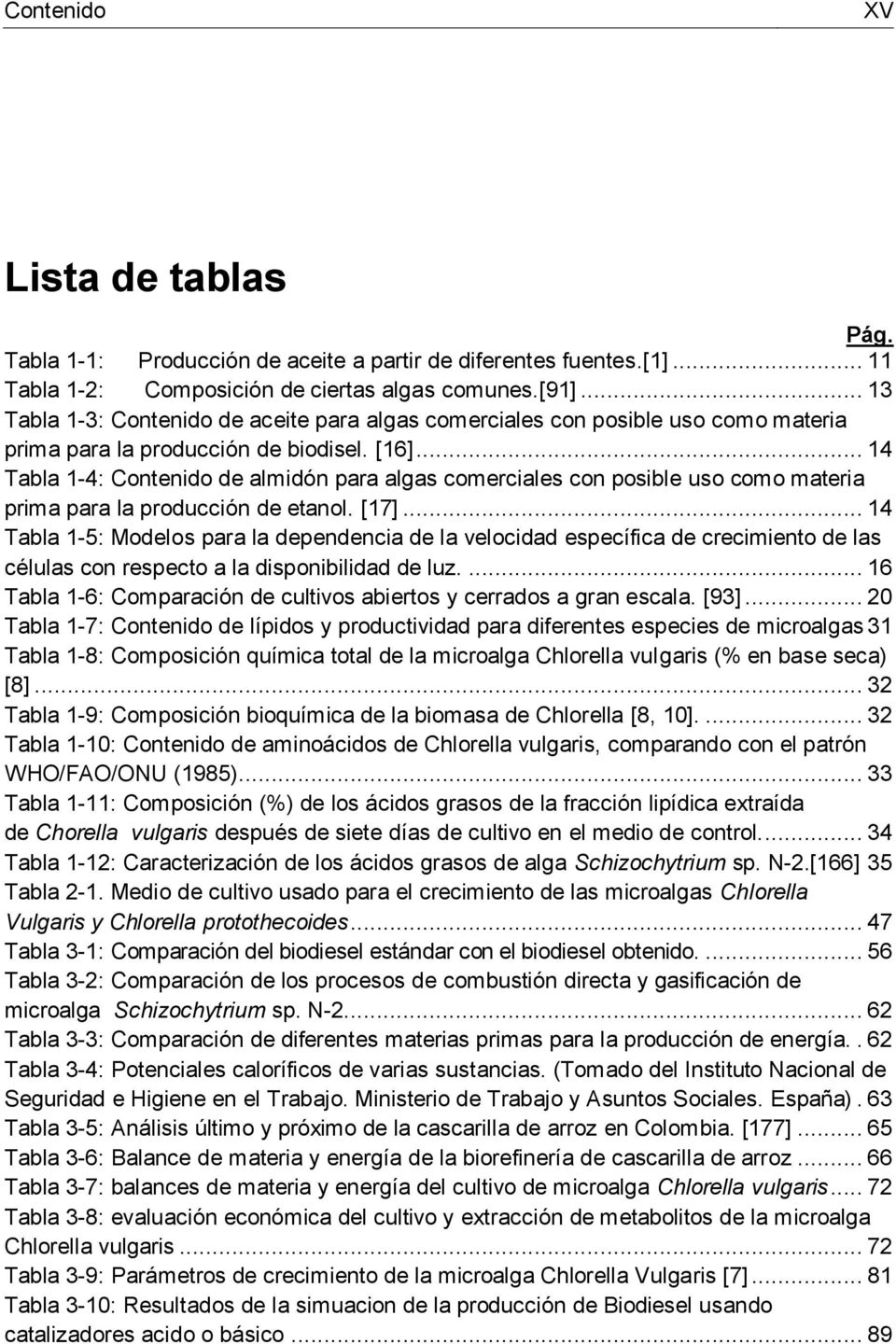 .. 14 Tabla 1-4: Contenido de almidón para algas comerciales con posible uso como materia prima para la producción de etanol. [17].