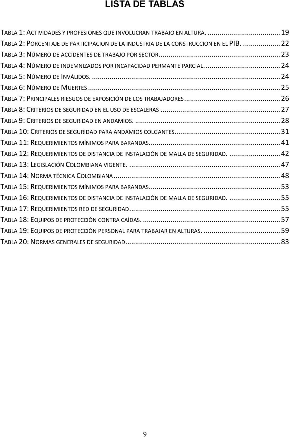 .. 25 TABLA 7: PRINCIPALES RIESGOS DE EXPOSICIÓN DE LOS TRABAJADORES... 26 TABLA 8: CRITERIOS DE SEGURIDAD EN EL USO DE ESCALERAS... 27 TABLA 9: CRITERIOS DE SEGURIDAD EN ANDAMIOS.