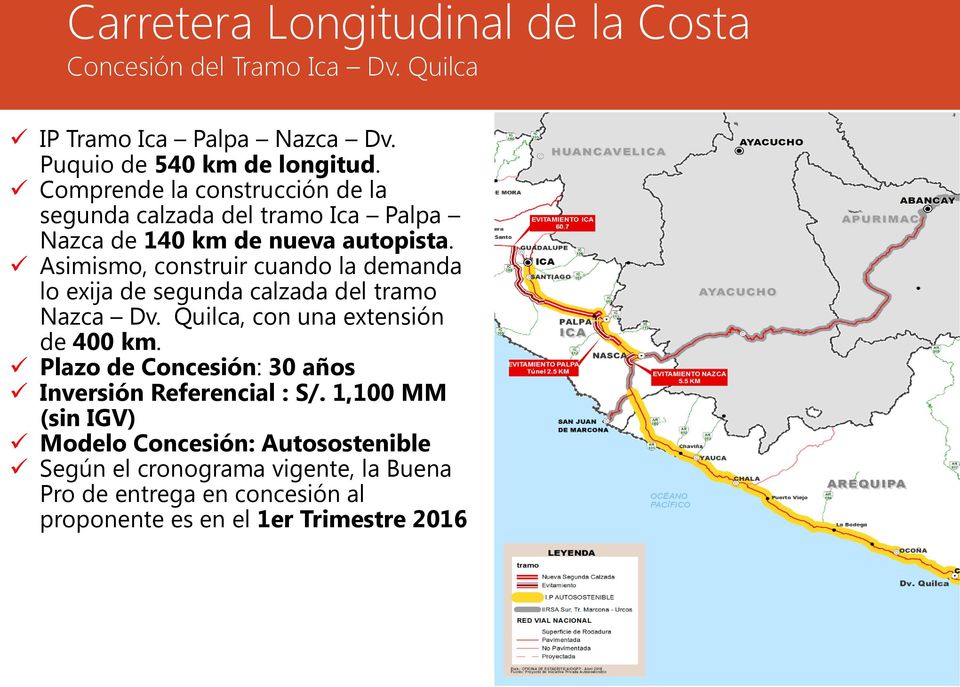 Asimismo, construir cuando la demanda lo exija de segunda calzada del tramo Nazca Dv. Quilca, con una extensión de 400 km.