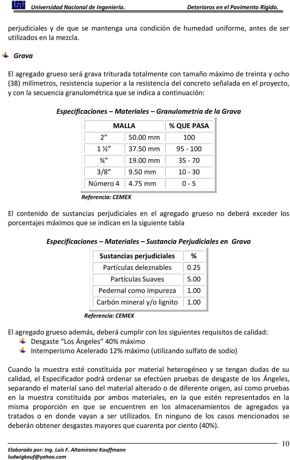 secuencia granulométrica que se indica a continuación: Especificaciones Materiales Granulometría de la Grava MALLA % QUE PASA 2 50.00 mm 100 1 ½ 37.50 mm 95-100 ¾ 19.00 mm 35-70 3/8 9.