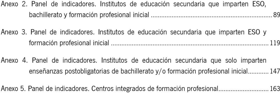 Panel de indicadores. Institutos de educación secundaria que imparten ESO y formación profesional inicial... 119 Anexo 4.