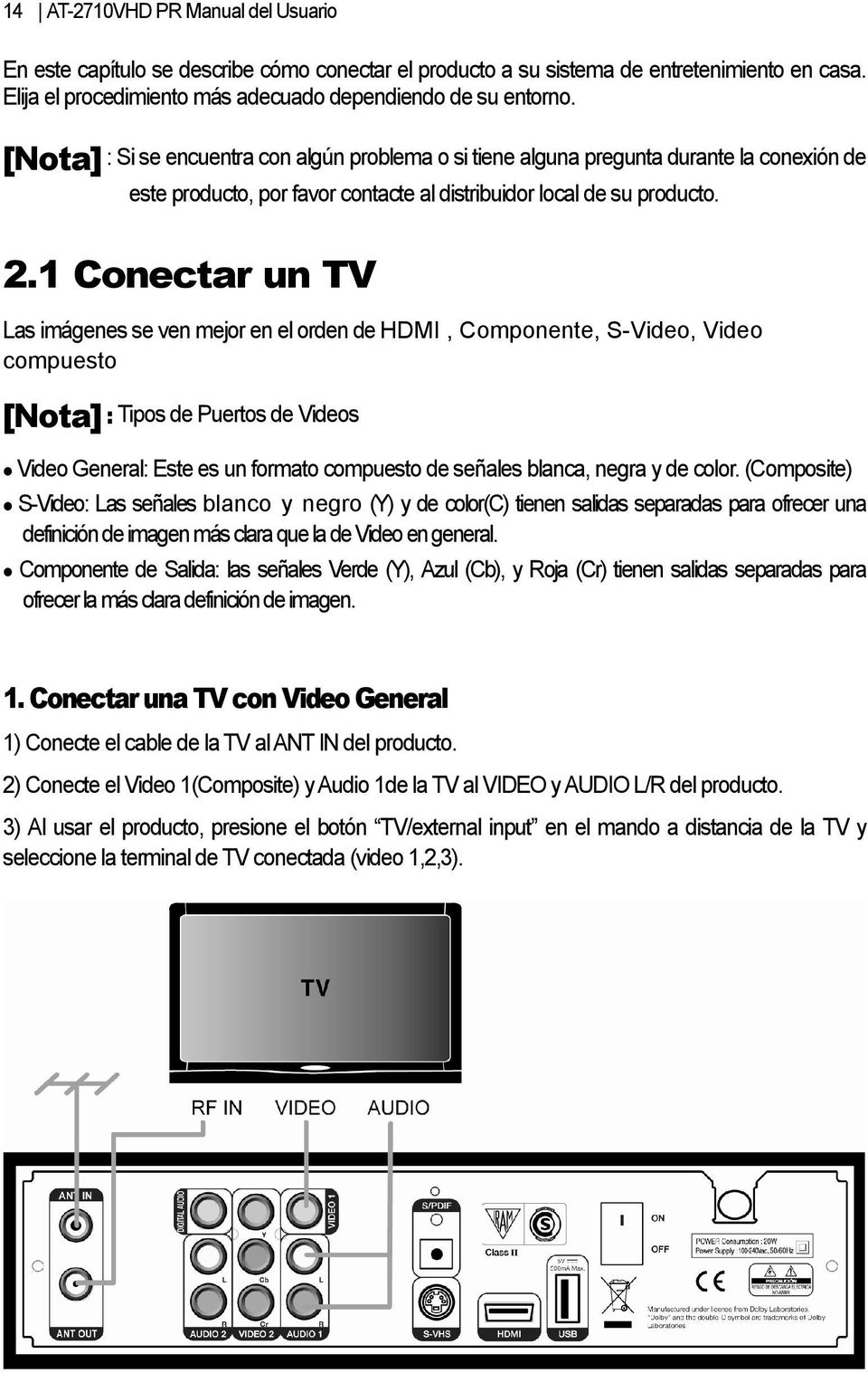 1 Conectar un TV Las imágenes se ven mejor en el orden de HDMI, Componente, S-Video, Video compuesto [Nota] : Tipos de Puertos de Videos Video General: Este es un formato compuesto de señales blanca,