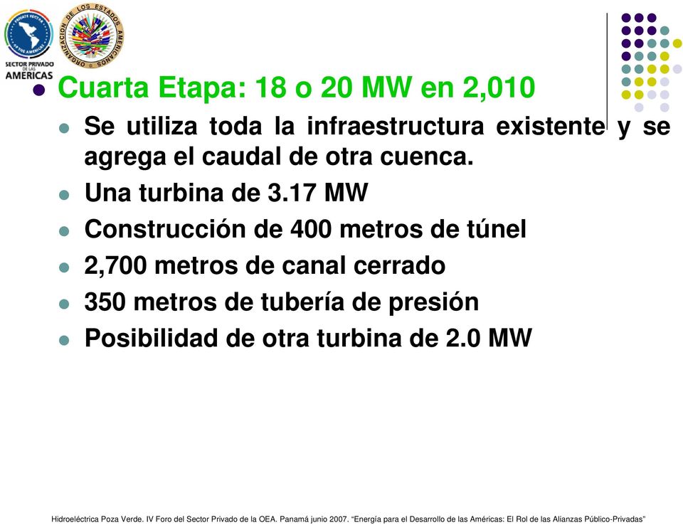 17 MW Construcción de 400 metros de túnel 2,700 metros de canal