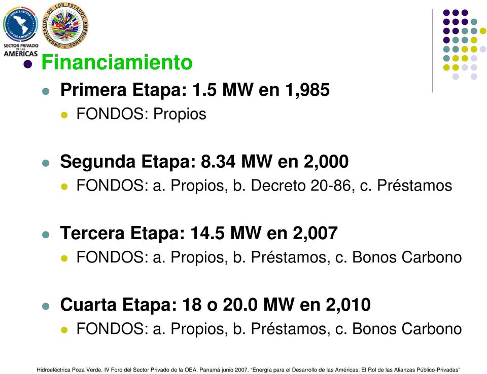 Préstamos Tercera Etapa: 14.5 MW en 2,007 FONDOS: a. Propios, b. Préstamos, c.
