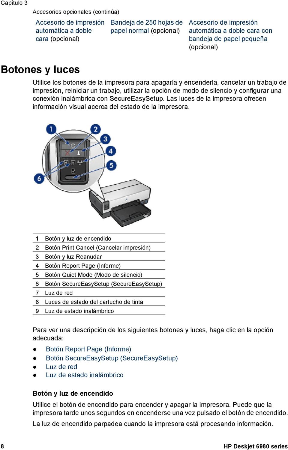 modo de silencio y configurar una conexión inalámbrica con SecureEasySetup. Las luces de la impresora ofrecen información visual acerca del estado de la impresora.