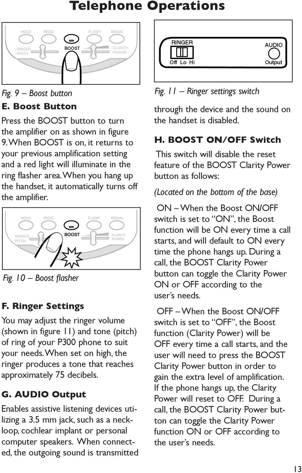 RINGER PITCH Fig. 10 Boost flasher F. Ringer Settings You may adjust the ringer volume (shown in figure 11) and tone (pitch) of ring of your P300 phone to suit your needs.