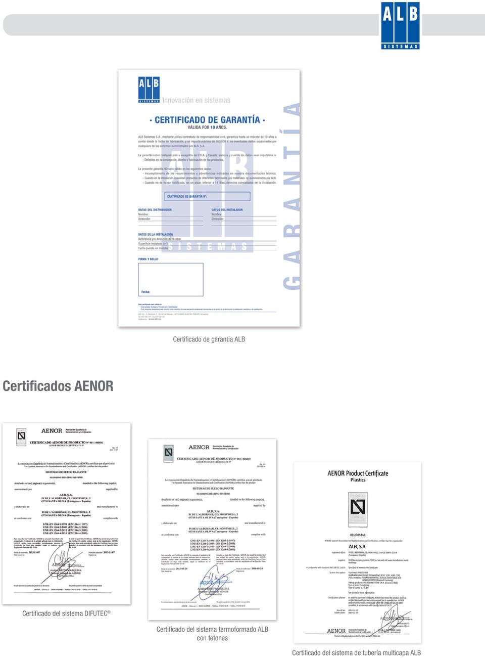 Certificado del sistema termoformado ALB con