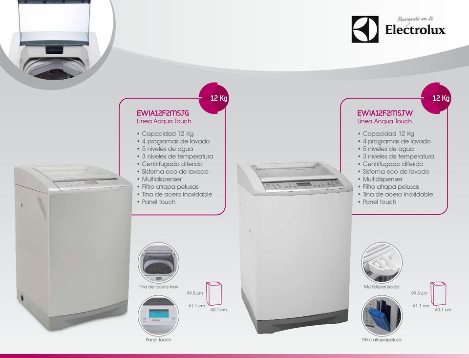 4 programas de lavado 5 niveles de agua 3 niveles de temperatura Centrifugado diferido Sistema eco de lavado Panel