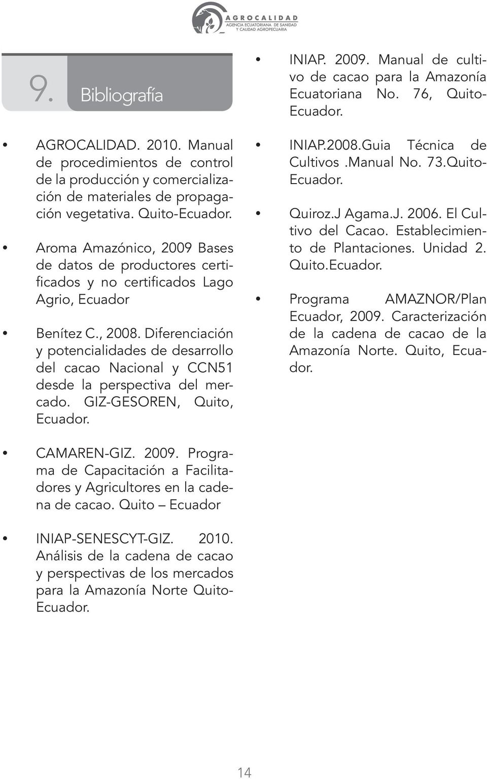 Diferenciación y potencialidades de desarrollo del cacao Nacional y CCN51 desde la perspectiva del mercado. GIZ-GESOREN, Quito, Ecuador. INIAP. 2009.