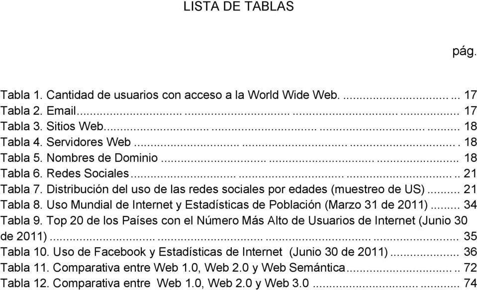 Uso Mundial de Internet y Estadísticas de Población (Marzo 31 de 2011)... 34 Tabla 9. Top 20 de los Países con el Número Más Alto de Usuarios de Internet (Junio 30 de 2011)............ 35 Tabla 10.