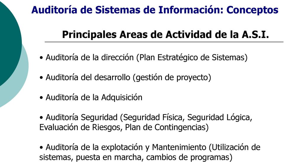 Auditoría de la dirección (Plan Estratégico de Sistemas) Auditoría del desarrollo (gestión de proyecto)