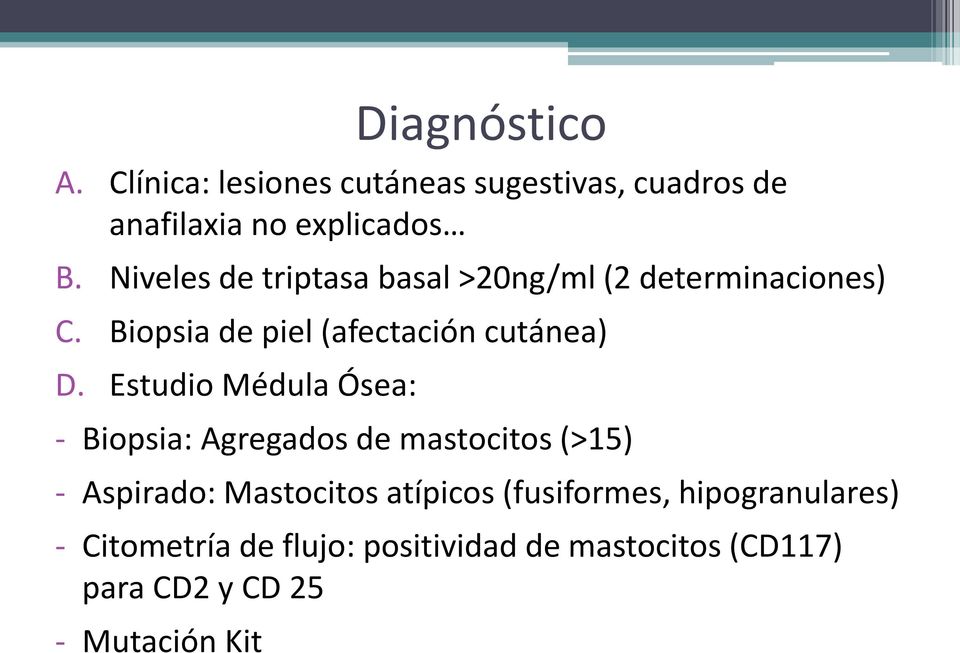 Estudio Médula Ósea: - Biopsia: Agregados de mastocitos (>15) - Aspirado: Mastocitos atípicos