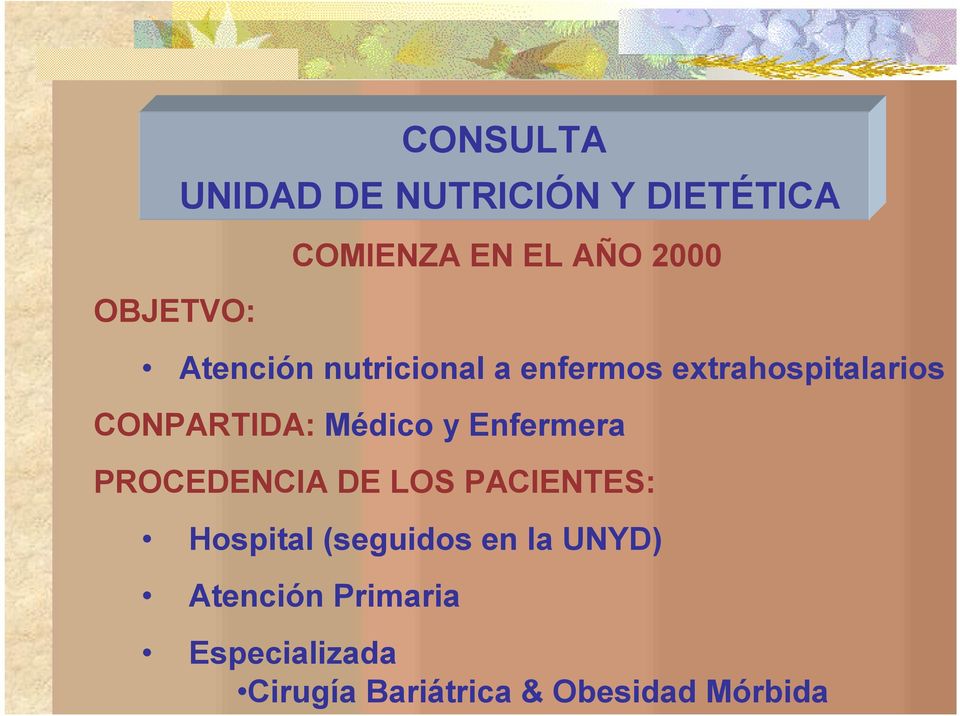 PROCEDENCIA DE LOS PACIENTES: Hospital (seguidos en la UNYD)
