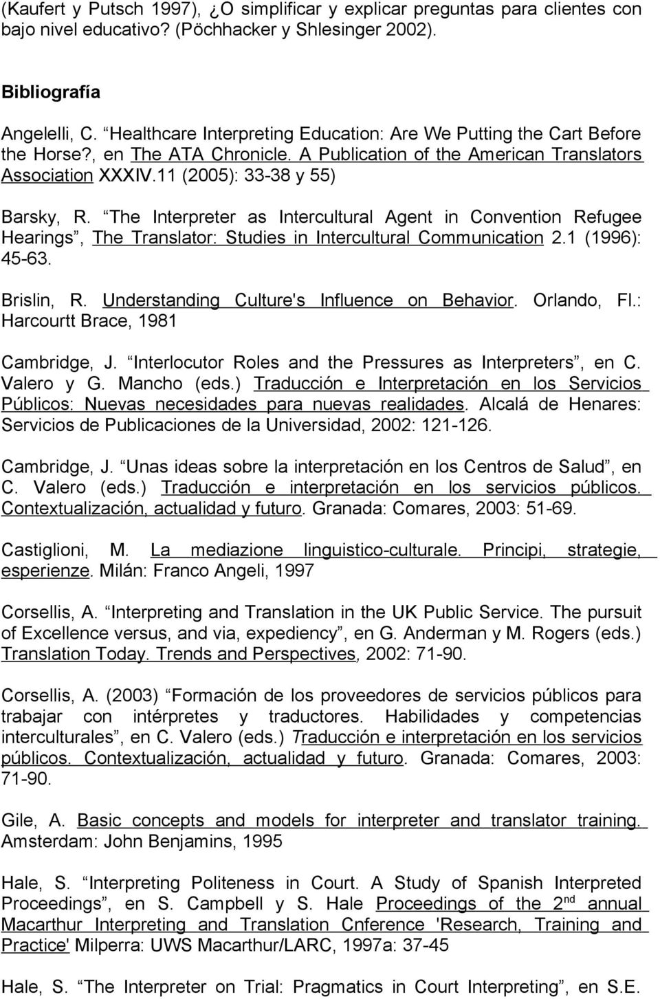 The Interpreter as Intercultural Agent in Convention Refugee Hearings, The Translator: Studies in Intercultural Communication 2.1 (1996): 45-63. Brislin, R.