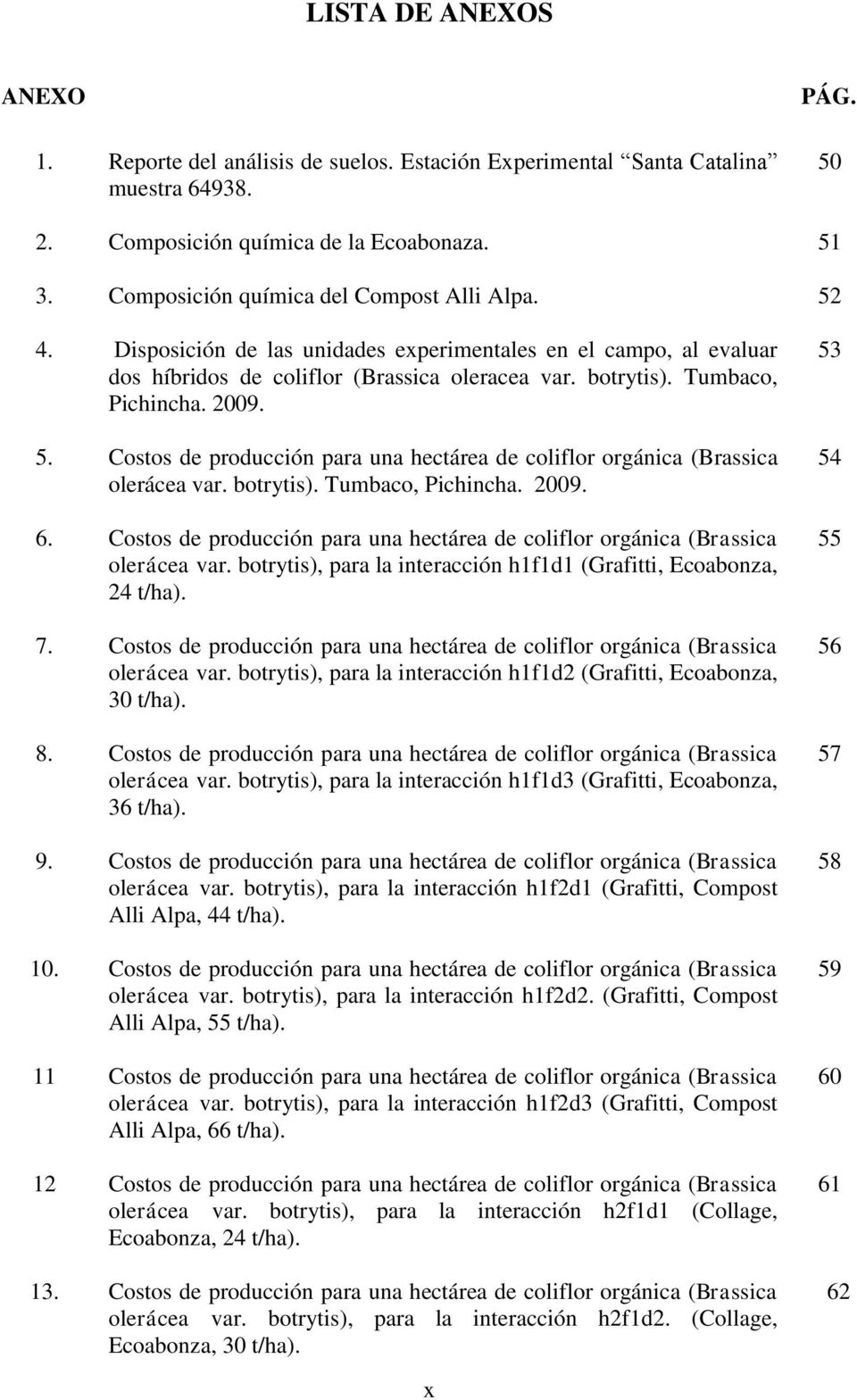 2009. 5. Costos de producción para una hectárea de coliflor orgánica (Brassica olerácea var. botrytis). Tumbaco, Pichincha. 2009. 6.