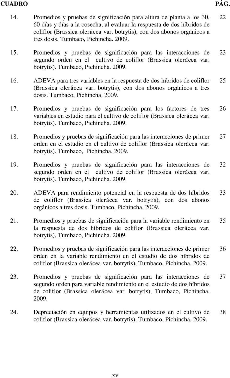Promedios y pruebas de significación para las interacciones de segundo orden en el cultivo de coliflor (Brassica olerácea var. botrytis). Tumbaco, Pichincha. 2009. 16.
