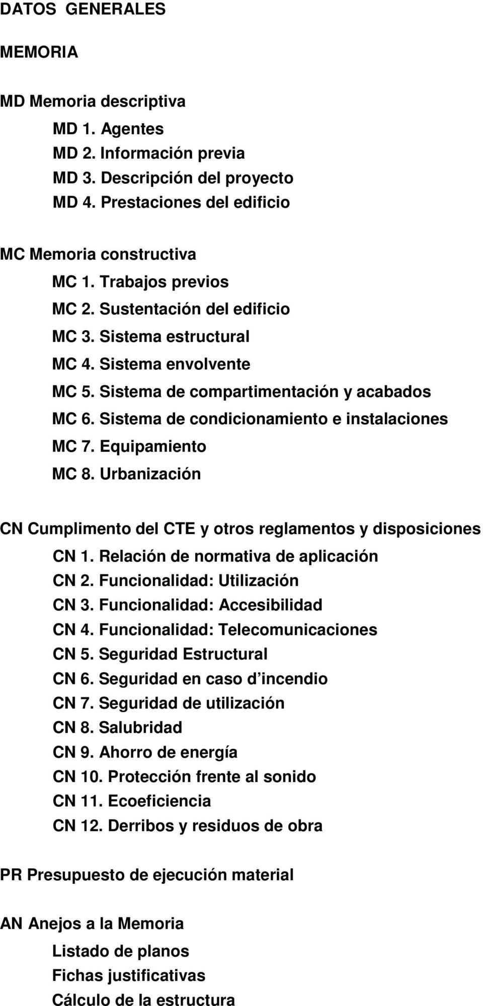 Sistema de condicionamiento e instalaciones MC 7. Equipamiento MC 8. Urbanización CN Cumplimento del CTE y otros reglamentos y disposiciones CN 1. Relación de normativa de aplicación CN 2.