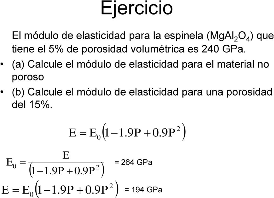 (a) Calcule el módulo de elasticidad para el material no poroso (b) Calcule el