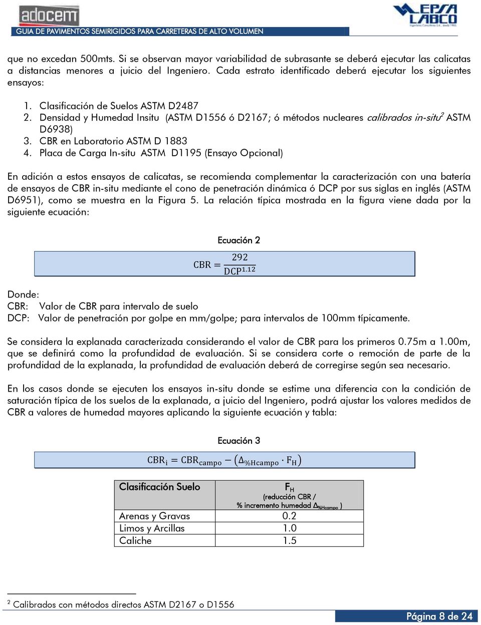 Densidad y Humedad Insitu (ASTM D1556 ó D2167; ó métodos nucleares calibrados in-situ 2 ASTM D6938) 3. CBR en Laboratorio ASTM D 1883 4.