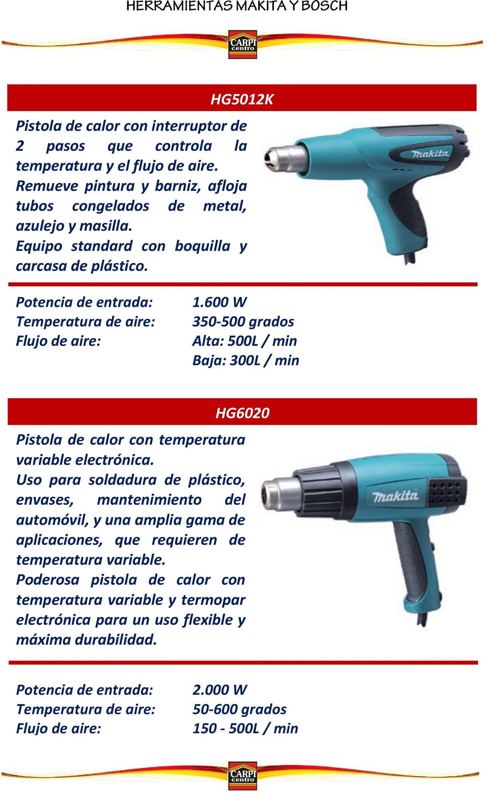 600 W 350-500 grados Alta: 500L / min Baja: 300L / min HG6020 Pistola de calor con temperatura variable electrónica.