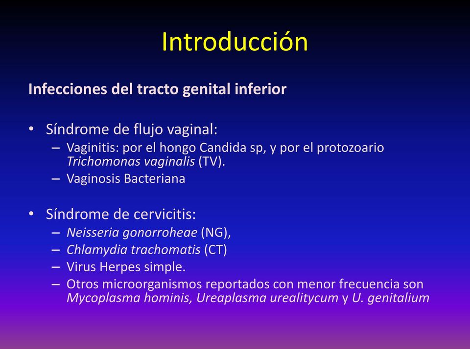 Vaginosis Bacteriana Síndrome de cervicitis: Neisseria gonorroheae (NG), Chlamydia trachomatis (CT)