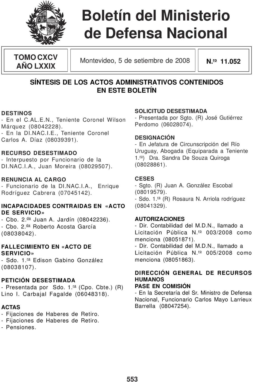 NAC.I.A., Enrique Rodríguez Cabrera (07045142). INCAPACIDADES CONTRAIDAS EN «ACTO DE SERVICIO» - Cbo. 2. da Juan A. Jardín (08042236). - Cbo. 2. da Roberto Acosta García (08038042).