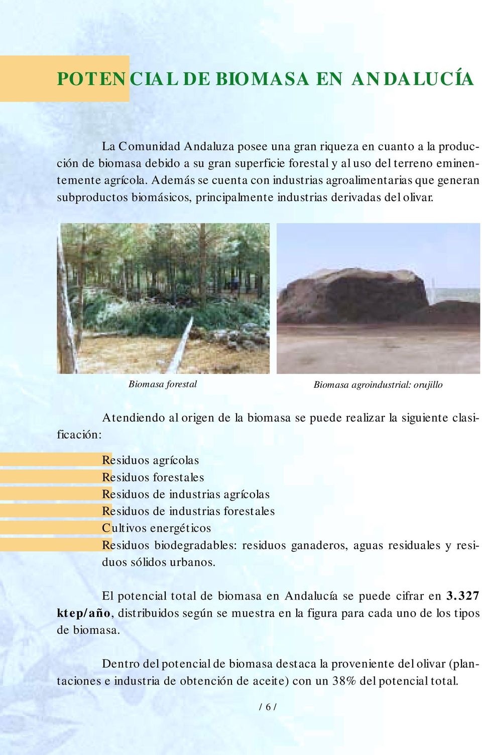 Biomasa forestal Biomasa agroindustrial: orujillo Atendiendo al origen de la biomasa se puede realizar la siguiente clasificación: Residuos agrícolas Residuos forestales Residuos de industrias