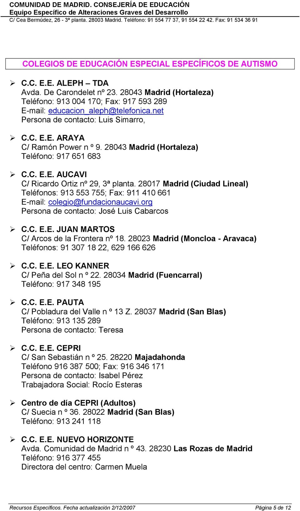 28043 Madrid (Hortaleza) Teléfono: 917 651 683 C.C. E.E. AUCAVI C/ Ricardo Ortiz nº 29, 3ª planta.