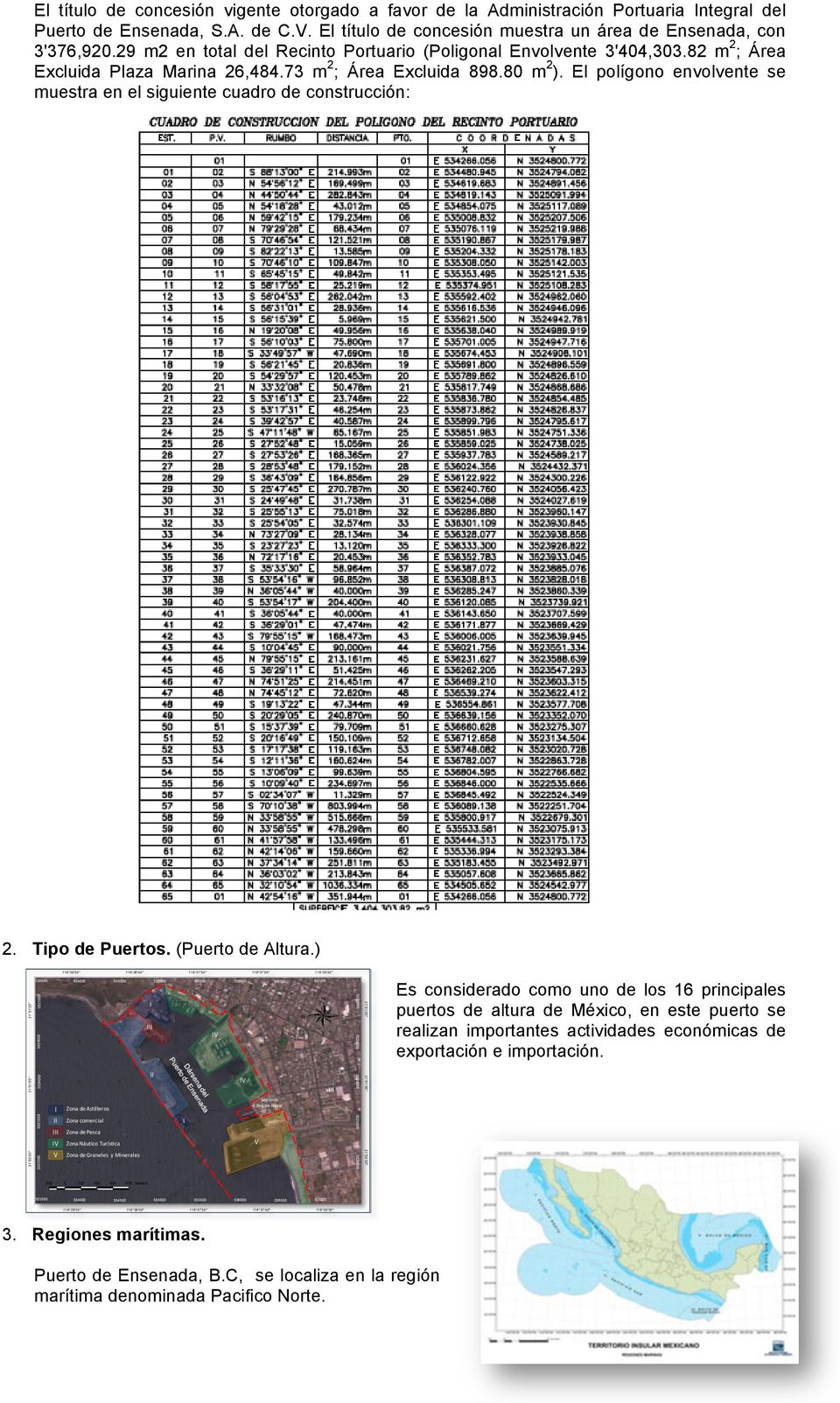 73 m 2 ; Área Excluida 898.80 m 2 ). El polígono envolvente se muestra en el siguiente cuadro de construcción: 2. Tipo de Puertos. (Puerto de Altura.