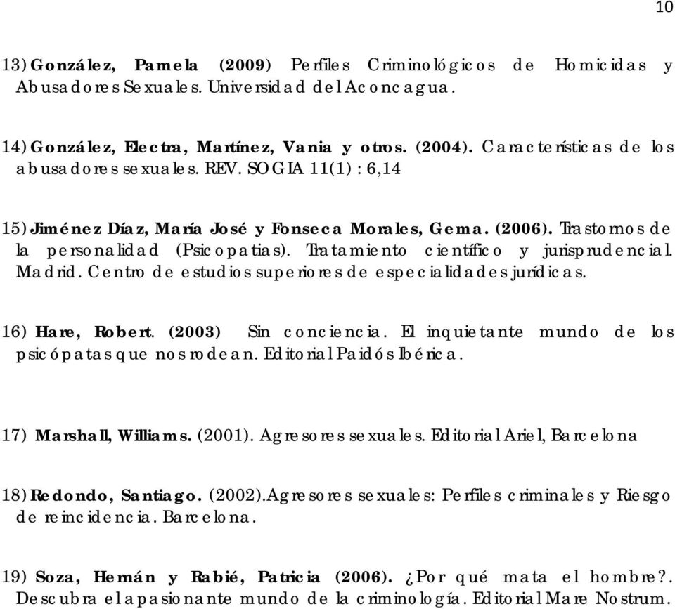 Tratamiento científico y jurisprudencial. Madrid. Centro de estudios superiores de especialidades jurídicas. 16) Hare, Robert. (2003) Sin conciencia.
