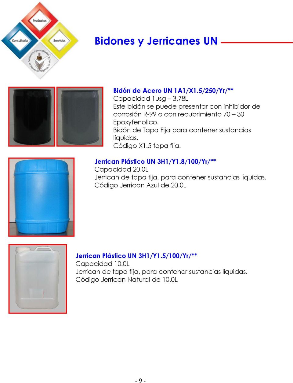 Bidón de Tapa Fija para contener sustancias líquidas. Código X1.5 tapa fija. Jerrican Plástico UN 3H1/Y1.8/100/Yr/** Capacidad 20.