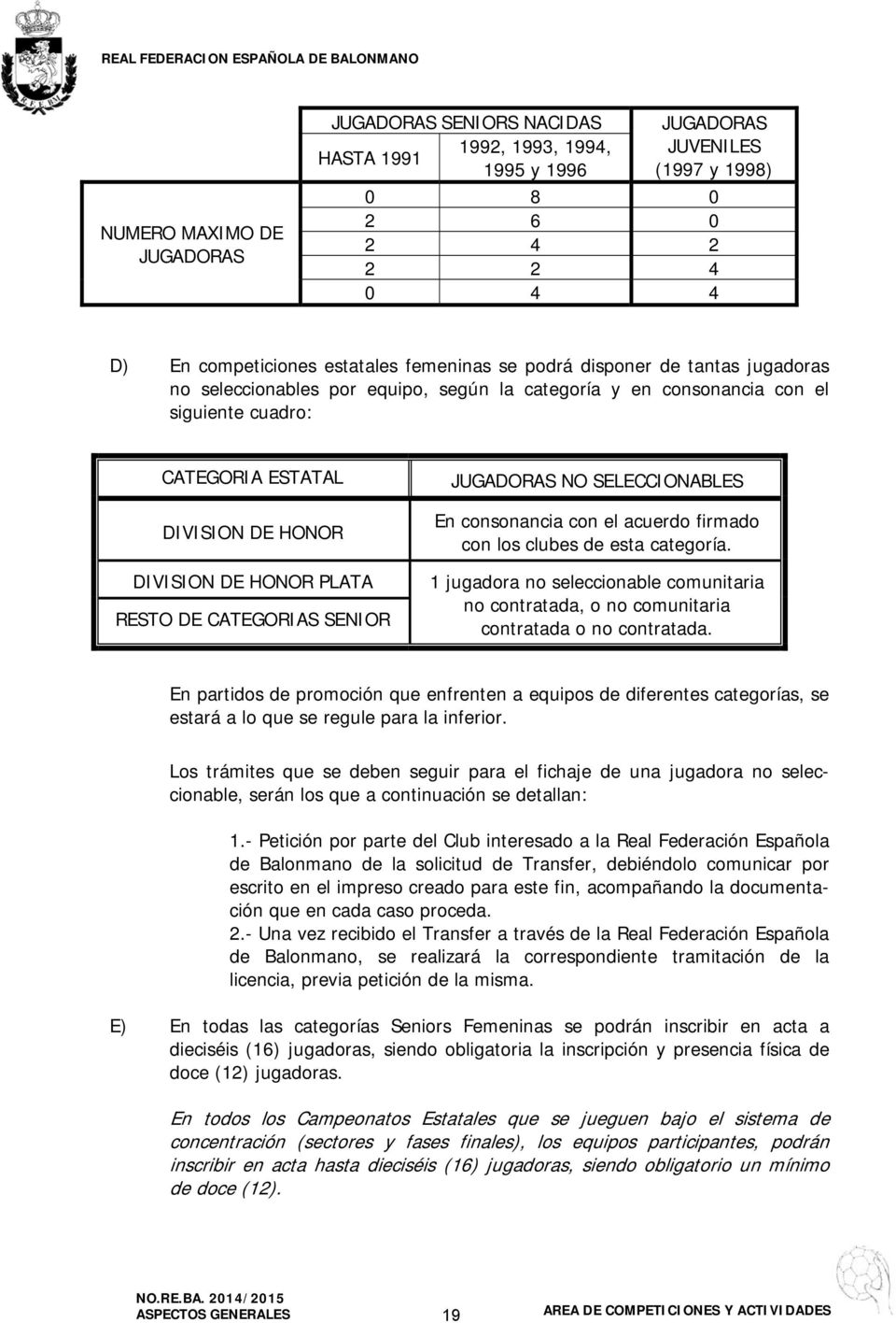 CATEGORIAS SENIOR JUGADORAS NO SELECCIONABLES En consonancia con el acuerdo firmado con los clubes de esta categoría.
