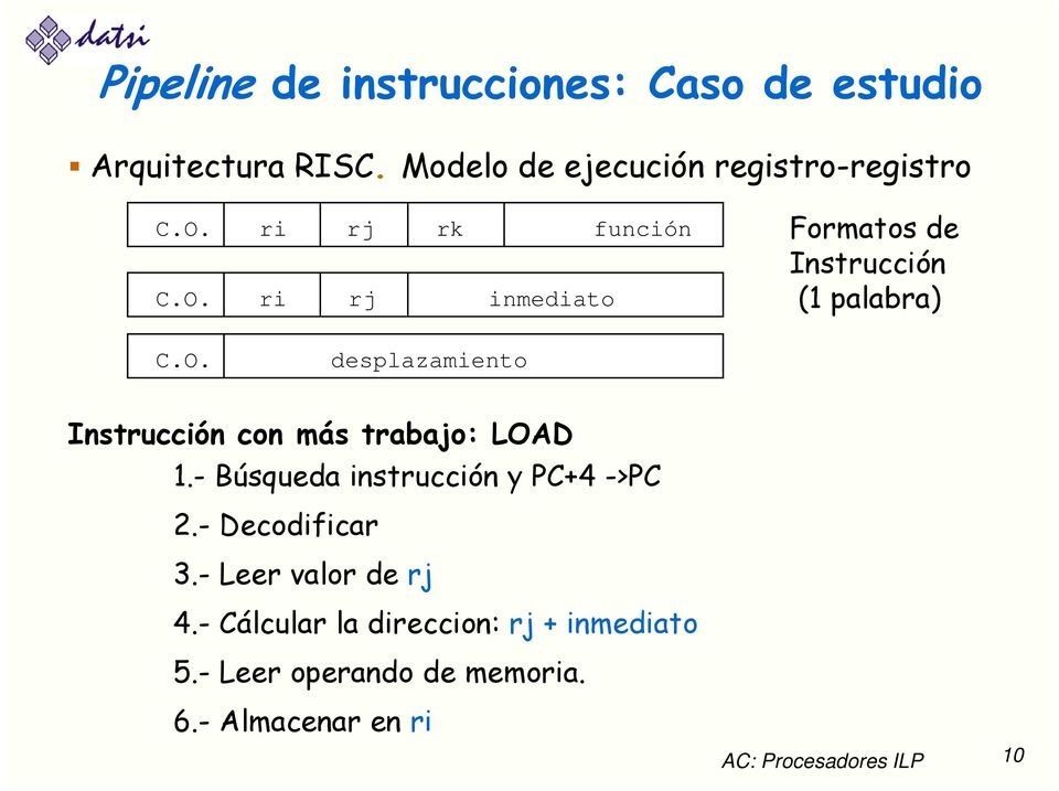 - Búsqueda instrucción y PC+4 ->PC 2.- Decodificar 3.- Leer valor de rj 4.