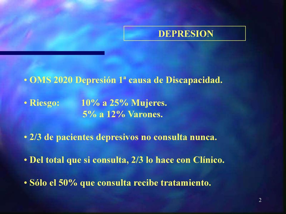 2/3 de pacientes depresivos no consulta nunca.